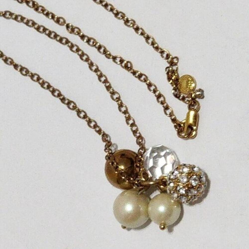 J. Crew Gold Tone Cluster Charm Necklace‎ Faux Pearl Crystal Rhinestone Opera